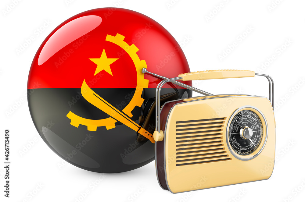 Poster radio broadcasting in angola concept. radio receiver with angolan flag. 3d rendering