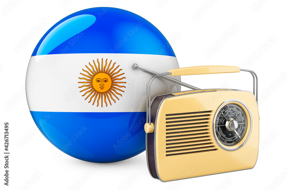 Poster radio broadcasting in argentina concept. radio receiver with argentinean flag. 3d rendering