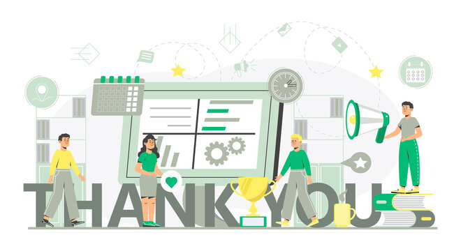 Thank you concept vector. Tiny people thank you for help. Clients evaluate the service, give rate. Like, heart, star icon