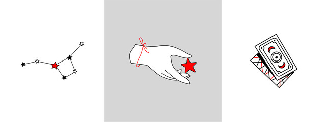 Set of linear magic symbols, logos, female hand, stars, divination by tarot cards. Mysterious illustrations. Logo for womens business, witches. Hand holds a star, stylized constellation and magic card
