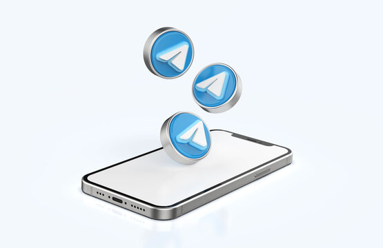 Smartphone Mockup With Telegram Icons In Realistic 3D Rendering. Blank Screen Template