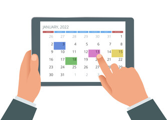 Calendar Planner for 2022. Hand with a tablet with a calendar, one month plans. Design print template. Set of 12 calendar pages.