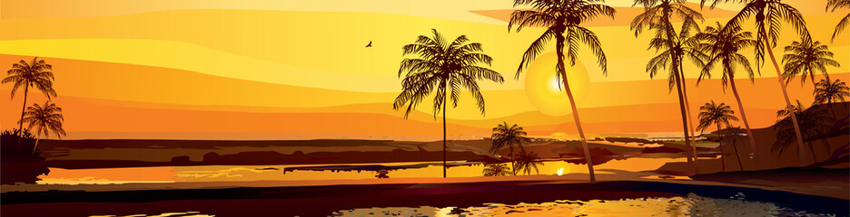 Obraz na płótnie Canvas Vector travel banner with tropical landscape at sunset or sunrise. Silhouettes of palm trees against the background of the sky and the calm sea. Romantic summer illustration