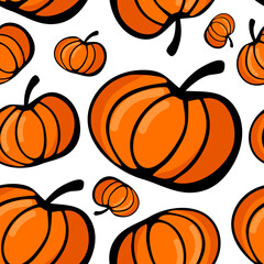 Doodle art pumpkin on white background seamless pattern. Simple vegetable clipart for recipe, menu, cafe or restaurant identity, decor. Healthy food, vegetarian. Halloween decorations