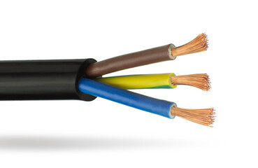 Cable isolated on white background close-up. Three wires.