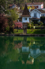 Fototapeta na wymiar Scenic springtime view of houses at Marne river (Boucles de Marne) in Val-de-Marne department of Ile-de-France. Beautiful reflection.