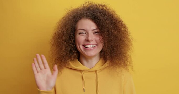 Young friendly looking positive woman with curly bushy hair waves palm in hello gesture meets best friend waves hand smiles broadly enjoys good communication wears casual hoodie poses indoor
