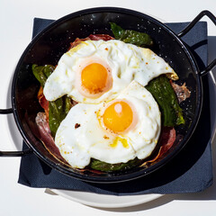 Sartén con dos huevos fritos con patatas y pimientos