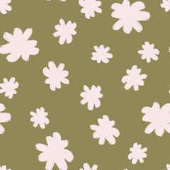 Random seamless pattern with white flower bud elements. Beige background. Ditsy vintage print.
