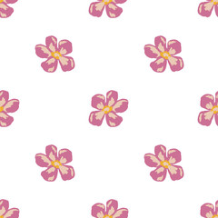 Isolated seamless pattern with doodle pink colored daisy bud ornament. White background. Vintage artwork.