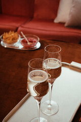 Prosecco Valdobbiadene, sparkling italian white wine, velvet background; happy hour at home,...