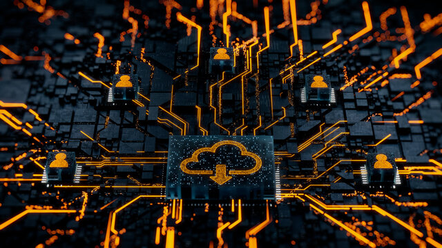 Data storage Technology Concept with cloud download symbol on a Microchip. Orange Neon Data flows between Users and the CPU across a Futuristic Motherboard. 3D render.