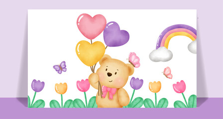Watercolor cute teddy bear  in flower garden for greeting card .