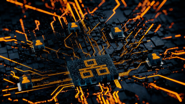 Network Technology Concept with ethernet symbol on a Microchip. Orange Neon Data flows between Users and the CPU across a Futuristic Motherboard. 3D render.
