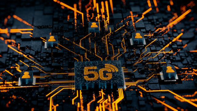 Wireless Technology Concept with 5G symbol on a Microchip. Orange Neon Data flows between Users and the CPU across a Futuristic Motherboard. 3D render.