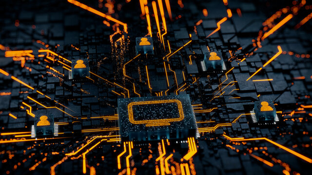 Display Technology Concept with Monitor symbol on a Microchip. Orange Neon Data flows between Users and the CPU across a Futuristic Motherboard. 3D render.