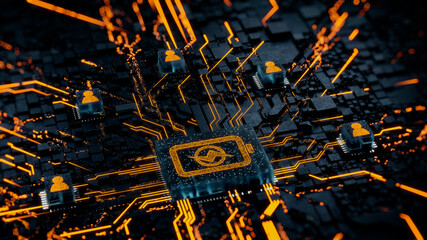 Energy Technology Concept with battery symbol on a Microchip. Orange Neon Data flows between Users and the CPU across a Futuristic Motherboard. 3D render.