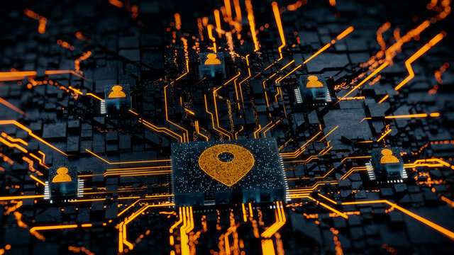Location Technology Concept with map pin symbol on a Microchip. Orange Neon Data flows between Users and the CPU across a Futuristic Motherboard. 3D render.