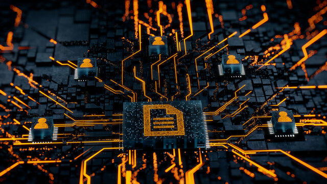 Word document Technology Concept with document symbol on a Microchip. Orange Neon Data flows between Users and the CPU across a Futuristic Motherboard. 3D render.