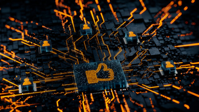 Social Media Technology Concept with like symbol on a Microchip. Orange Neon Data flows between Users and the CPU across a Futuristic Motherboard. 3D render.