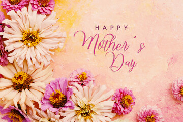 Mother's day flat lay with zinnia flowers on pink texture background for holiday card graphic element.