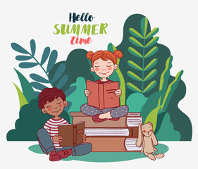 Cute boy and girl reading book in the garden. Nature landscape background. Summer holidays illustration. Vacation time