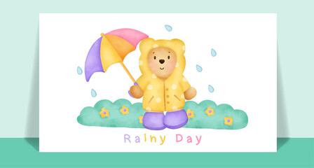 Watercolor cute teddy bear  in the rain for greeting card.