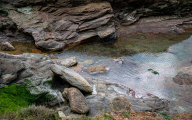 Vendée, France, photo of rocks and reefs at ebb tide, of the Sauzaie commune of Bretignolles sur Mer, April 2021.