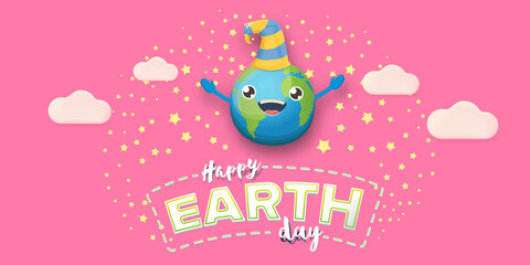 Cartoon earth day horizontal banner with cute smiling earth planet character with funny hat isolated on pink sky background. Eath day concept horizontal design template with funny kawaii earth globe