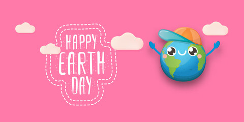 Cartoon earth day horizontal banner with cute smiling earth planet character with funny hat isolated on pink sky background. Eath day concept horizontal design template with funny kawaii earth globe