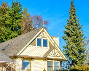 Top of a very neat and colorful home with gorgeous outdoor landscape in suburbs of Vancouver, Canada