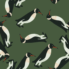 Seamless random pattern with hand drawn penguin random silhouettes. Green olive background.