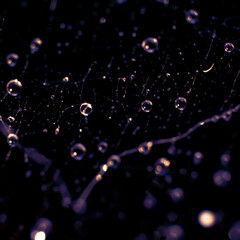 Violet colored toned backdrop made of spiderweb.Square format purple bacground with spheric water droplets.