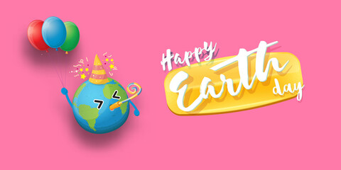 Fototapeta na wymiar Cartoon earth day horizontal banner with cute smiling earth planet character with funny hat isolated on pink sky background. Eath day concept horizontal design template with funny kawaii earth globe