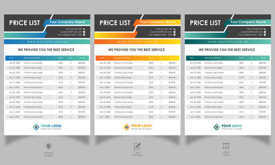 Price list design, Cost sheet design, invoice template, Bill form business invoice, Money bills, Payment agreement design templates - obrazy, fototapety, plakaty