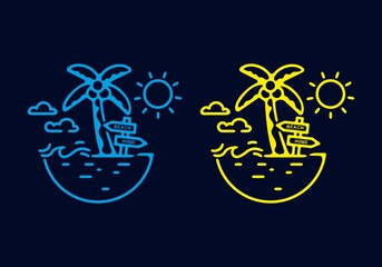 Line art illustration of beach and coconut tree blue and yellow color