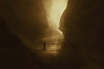 voyageur dans un canyon sombre, paysage surréaliste