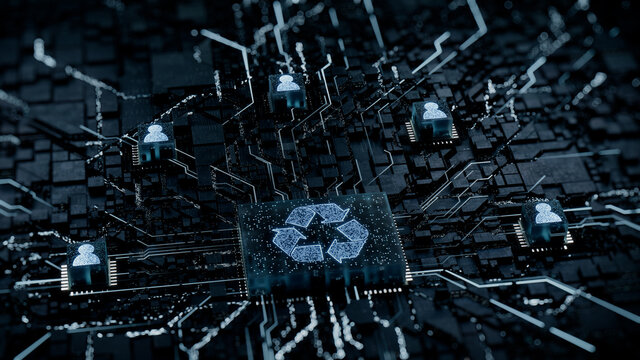 Eco Technology Concept with recycle symbol on a Microchip. White Neon Data flows between Users and the CPU across a Futuristic Motherboard. 3D render.