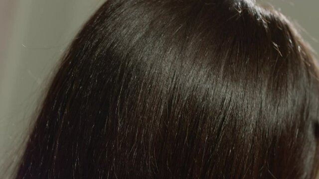 Charming brunette girl is combing her shiny thick well-groomed hair with her hands. Concept for organic shampoo and hair conditioner. Mask for easy combing