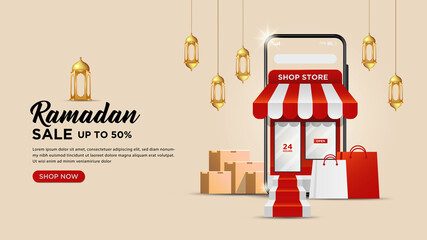 Ramadan kareem sale banner template with 3d online shopping on mobile applications