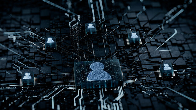 Social Technology Concept with user symbol on a Microchip. White Neon Data flows between Users and the CPU across a Futuristic Motherboard. 3D render.