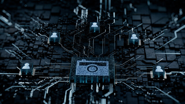 Photo Technology Concept with camera symbol on a Microchip. White Neon Data flows between Users and the CPU across a Futuristic Motherboard. 3D render.