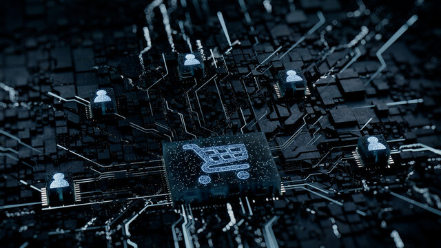 Ecommerce Technology Concept with shopping symbol on a Microchip. White Neon Data flows between Users and the CPU across a Futuristic Motherboard. 3D render.