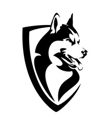 siberian husky head and simple heraldic shield - guard dog insignia badge modern black and white vector design