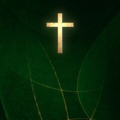 Golden Christian Cross on liturgic green square banner background template. 3D illustration for online worship social media church sermon on Ordinary Time. Concept of hope, and resurrection of Christ.