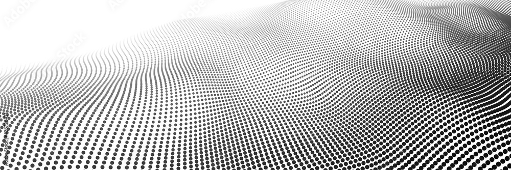 Poster abstract white wave with moving dots. flow of particles. vector cyber technology illustration.