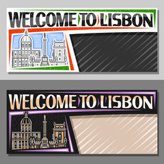 Vector layouts for Lisbon with copy space, decorative voucher with outline illustration of lisbon city scape on day and nighttime sky background, art design tourist coupon with words welcome to lisbon