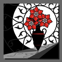 Abstract still life with stylized red flowers in a vase. Wall decor, poster design. Vector illustration.