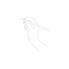 Linear vector drawing of hand and pencil. Contacts icon. Illustration with hand. Template for illustrators, designers, writers.