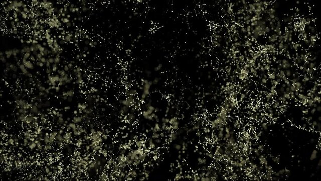 Abstract off-white yellow swarm molecule particles on black background template 3d animation. Concept of music, logic networking, science technology for social media loop backplate and copy space